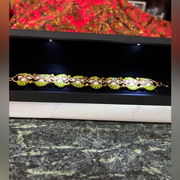 Hand crafted bracelet beige gold pearls tourmalines olive bronze beads gift box - Picture 4 of 10